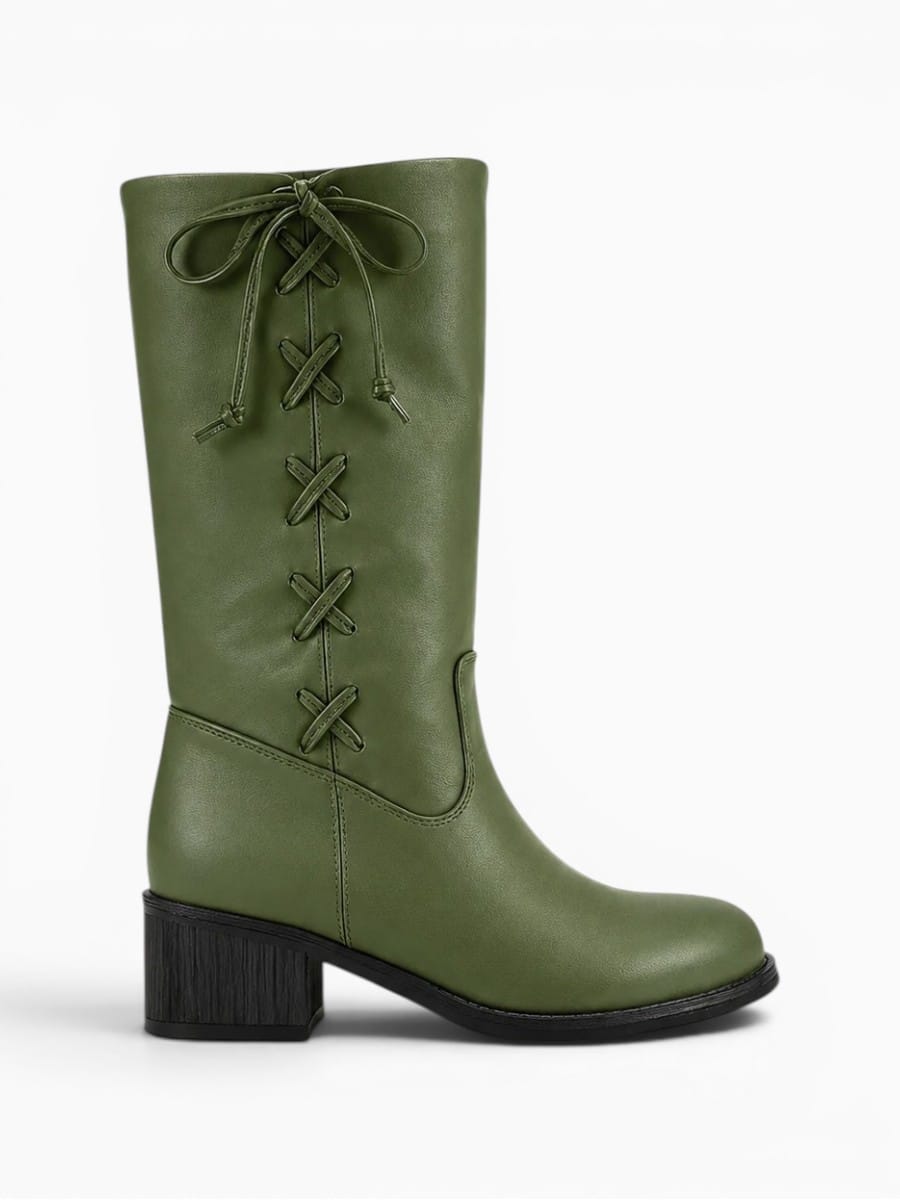 Amara Shoes Knee High Lace Up Chunky Heel Boots Women