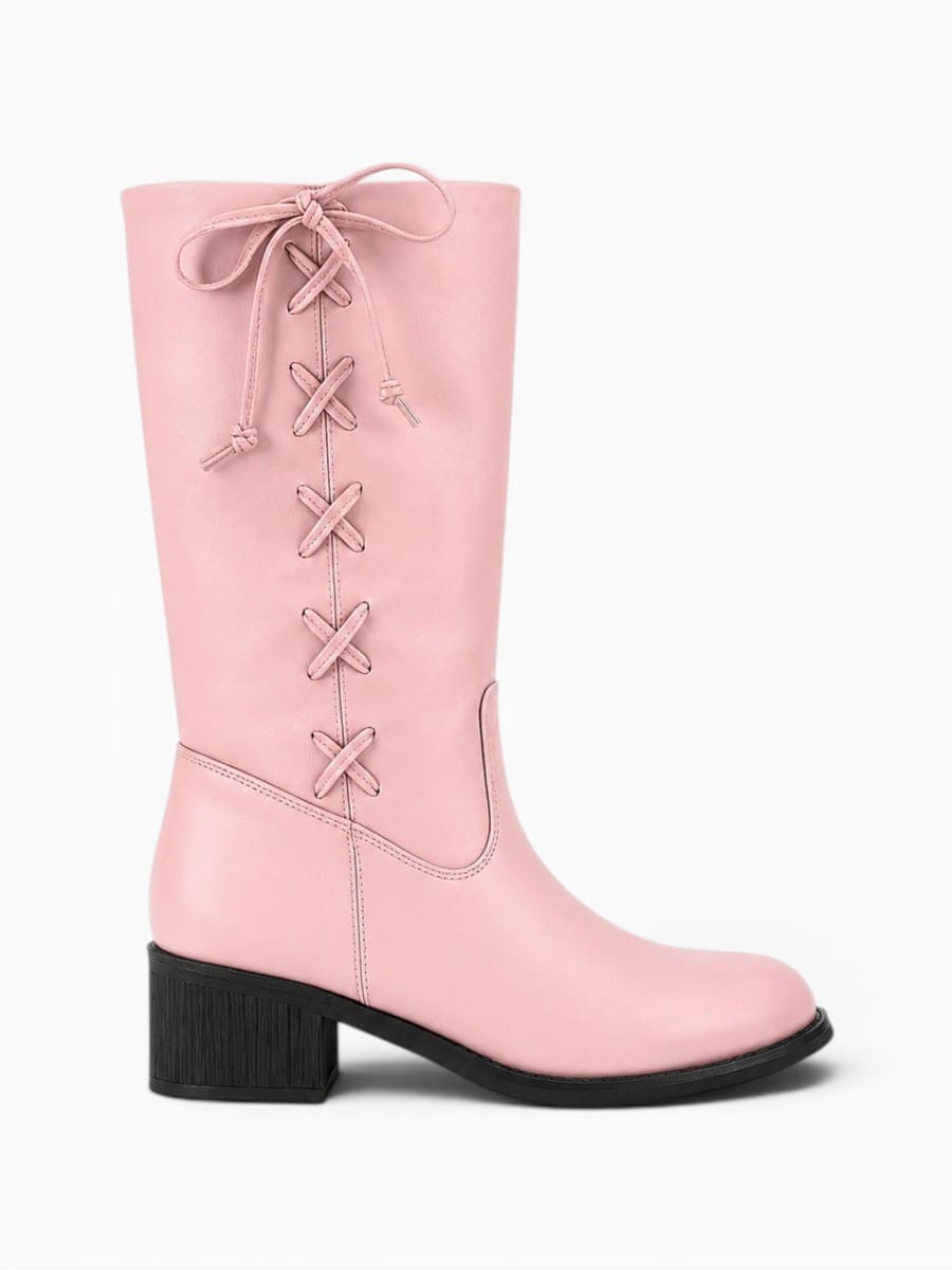 Amara Shoes Knee High Lace Up Chunky Heel Boots Women