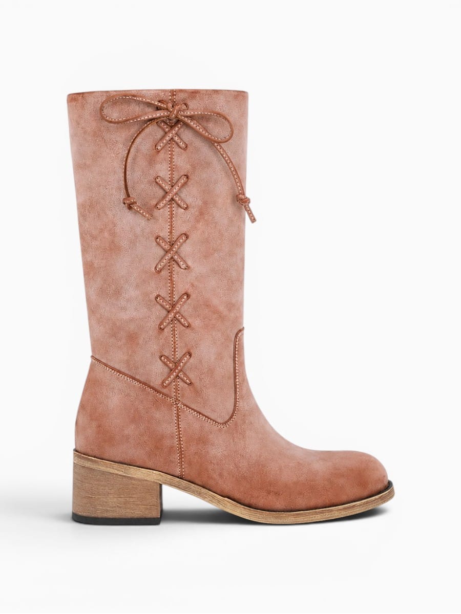 Amara Shoes Knee High Lace Up Chunky Heel Boots Women