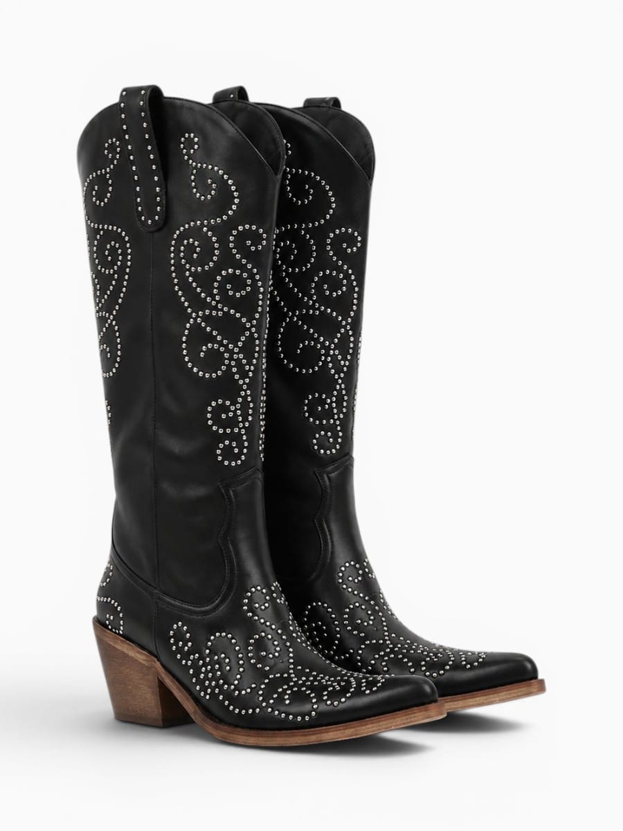 Amara Shoes Knee High Western Cowboy Boots Studded Chunky Heel