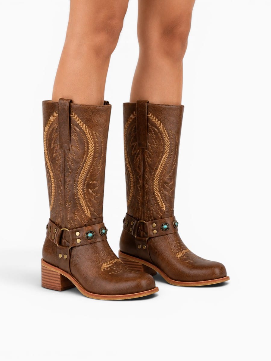 Amara Shoes Knee High Western Cowgirl Boots Embroidery Buckle