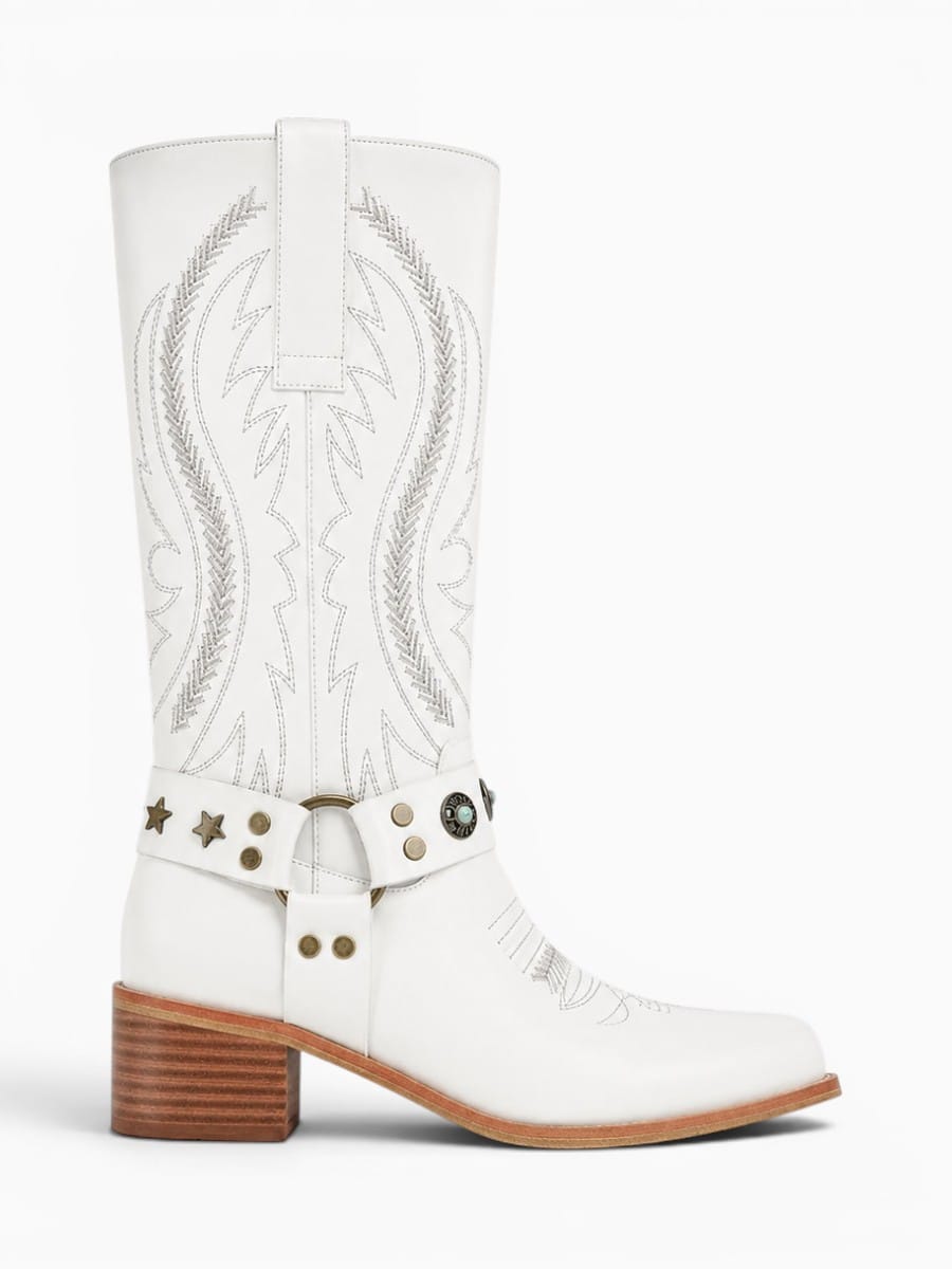 Amara Shoes Knee High Western Cowgirl Boots Embroidery Buckle