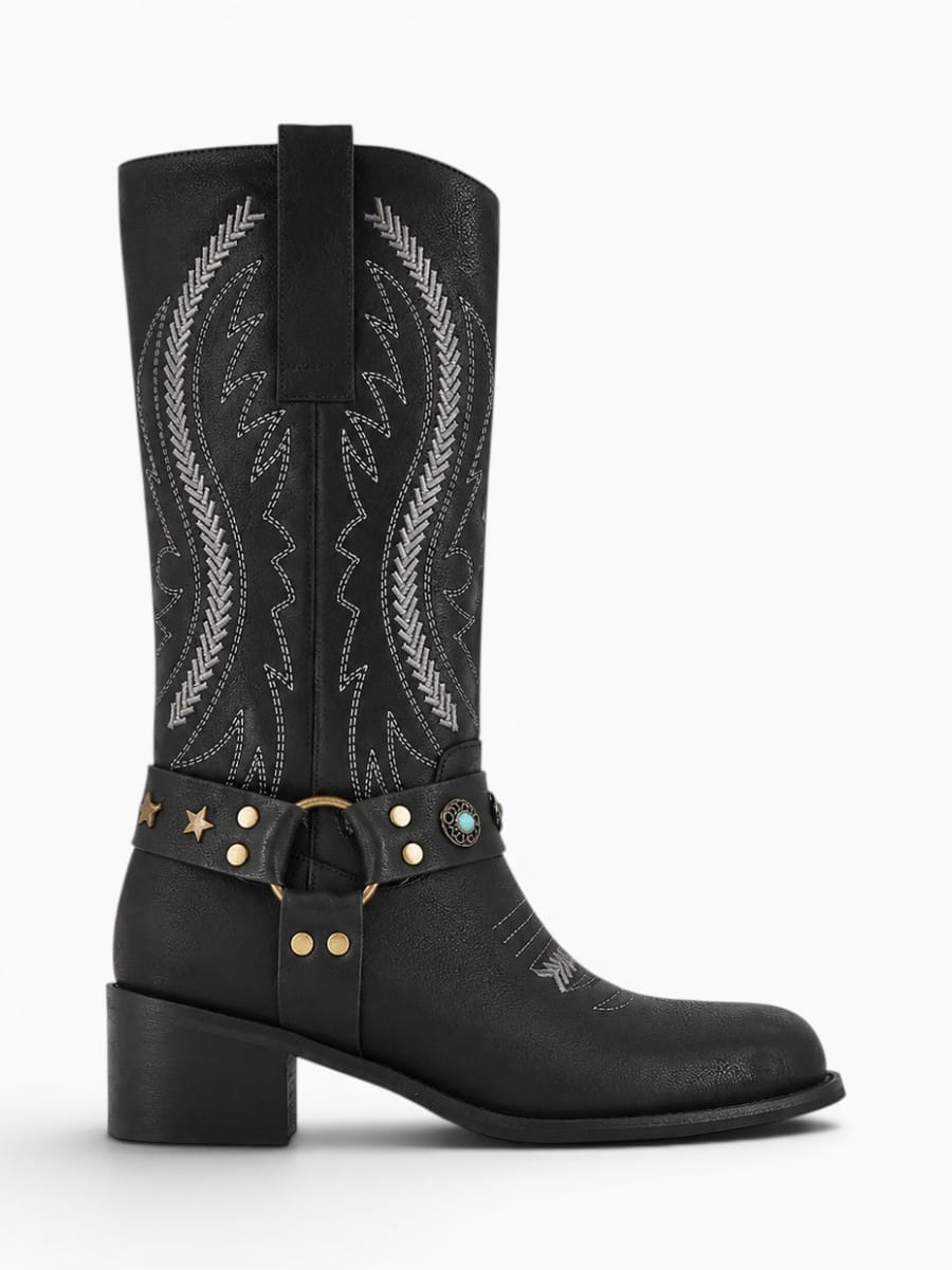 Amara Shoes Knee High Western Cowgirl Boots Embroidery Buckle