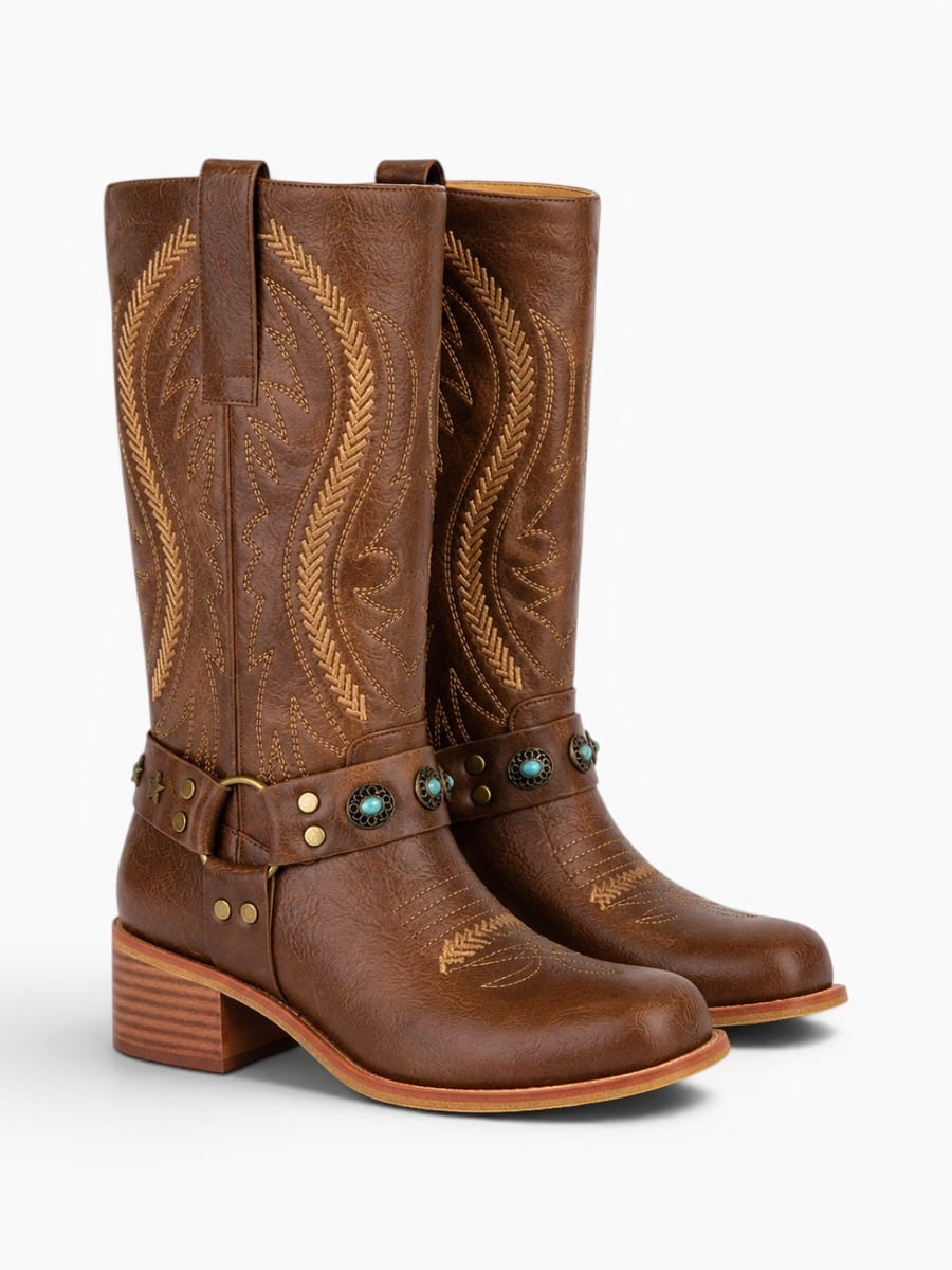 Amara Shoes Knee High Western Cowgirl Boots Embroidery Buckle