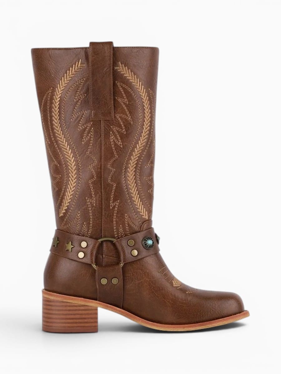 Amara Shoes Knee High Western Cowgirl Boots Embroidery Buckle
