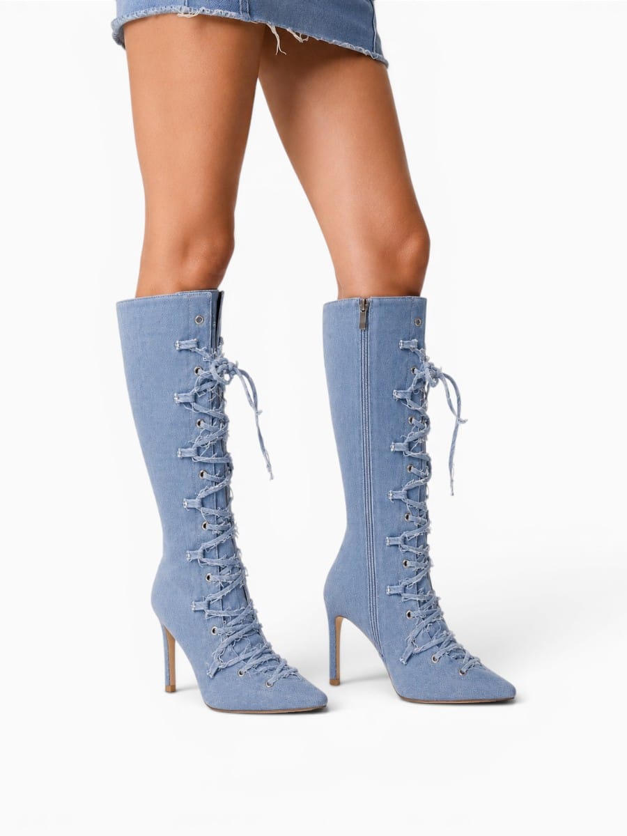 Amara Shoes Lace Up Pointed Toe Stiletto Mid Calf Boots