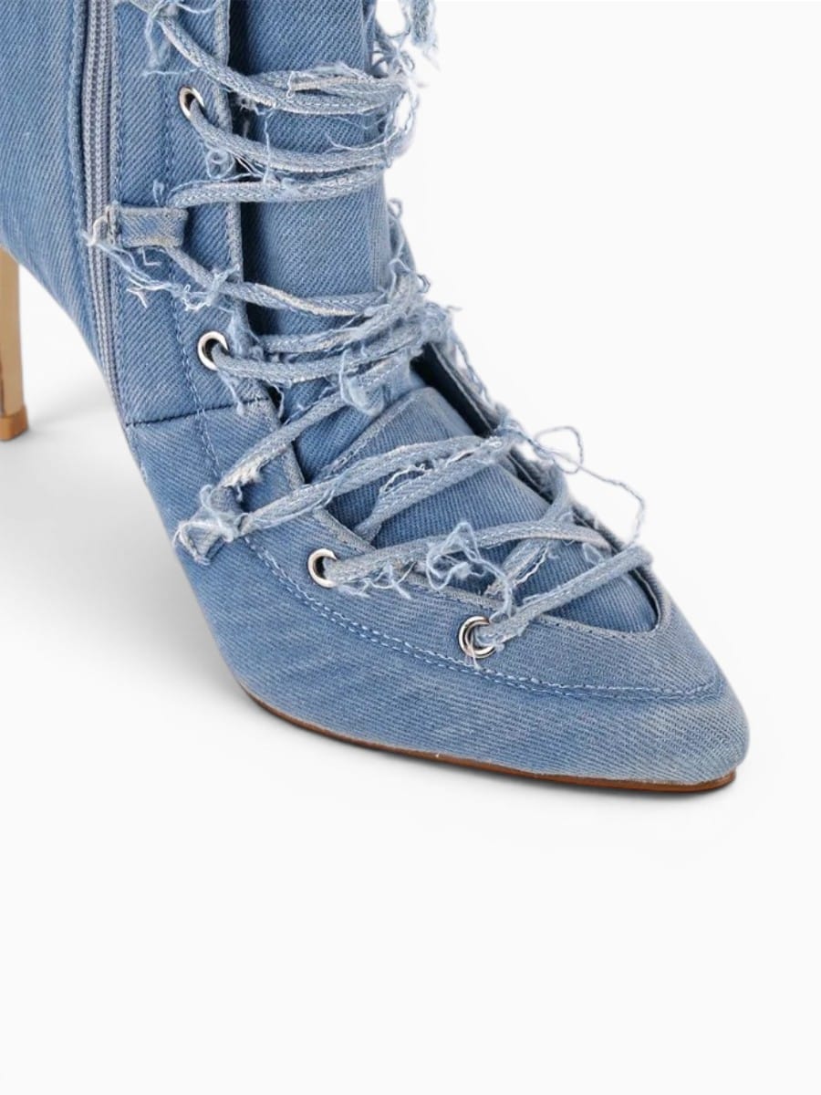 Amara Shoes Lace Up Pointed Toe Stiletto Mid Calf Boots