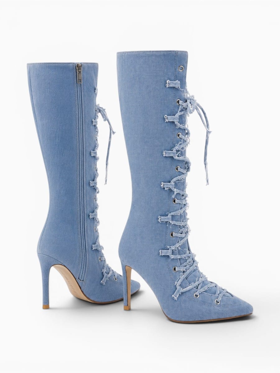 Amara Shoes Lace Up Pointed Toe Stiletto Mid Calf Boots