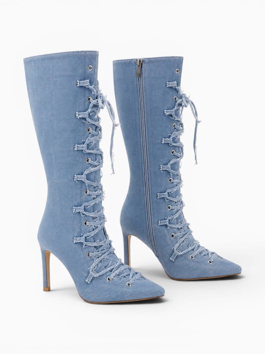Amara Shoes Lace Up Pointed Toe Stiletto Mid Calf Boots