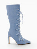 Amara Shoes Lace Up Pointed Toe Stiletto Mid Calf Boots