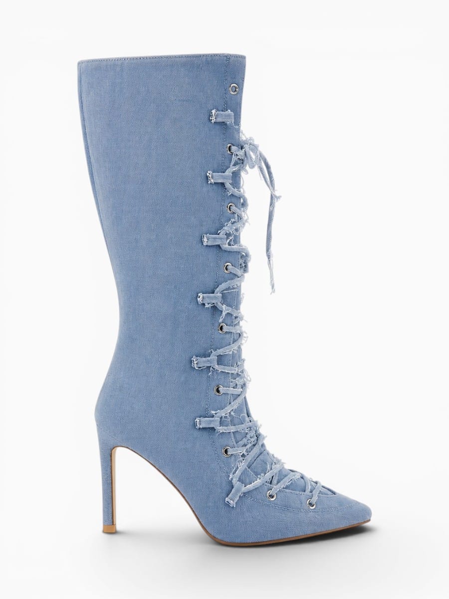 Amara Shoes Lace Up Pointed Toe Stiletto Mid Calf Boots