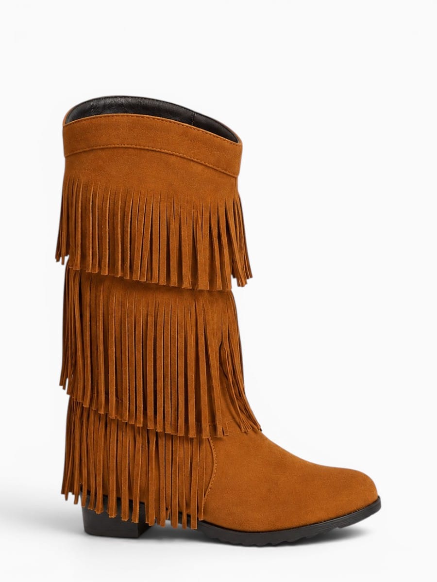 Amara Shoes Layered Fringe Mid Calf Boots