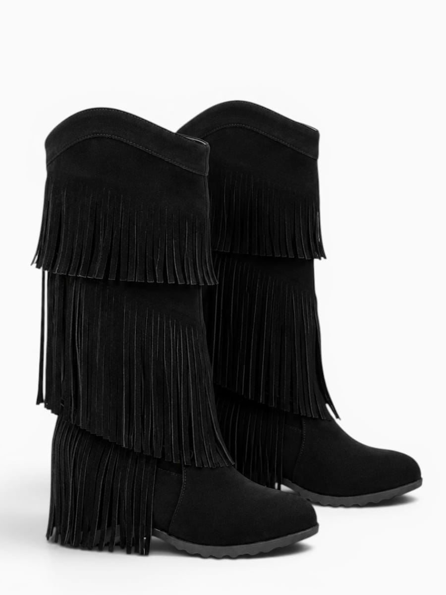 Amara Shoes Layered Fringe Mid Calf Boots