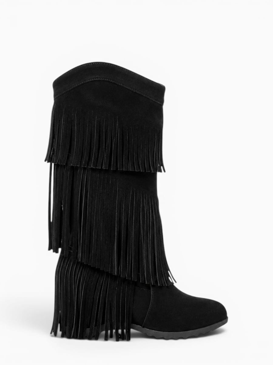 Amara Shoes Layered Fringe Mid Calf Boots