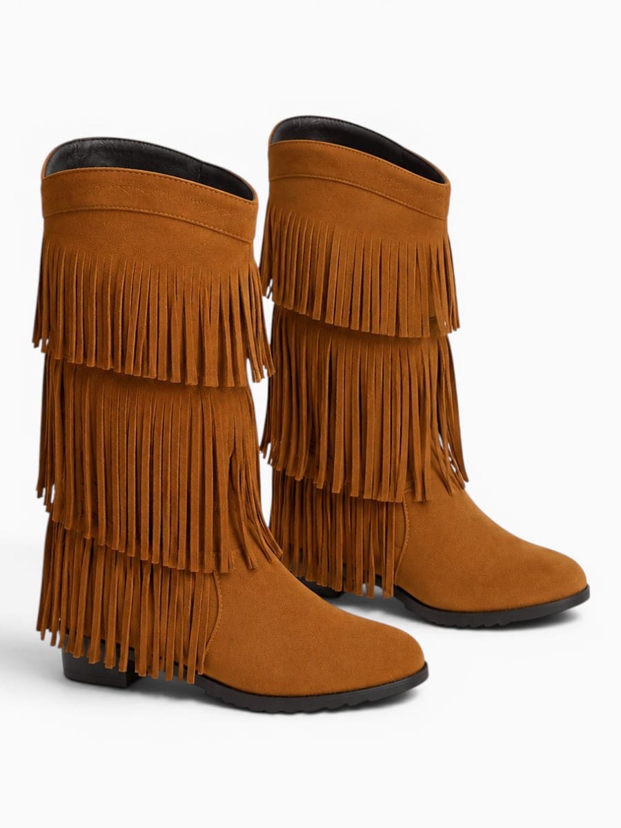 Amara Shoes Layered Fringe Mid Calf Boots (À Faire photos)
