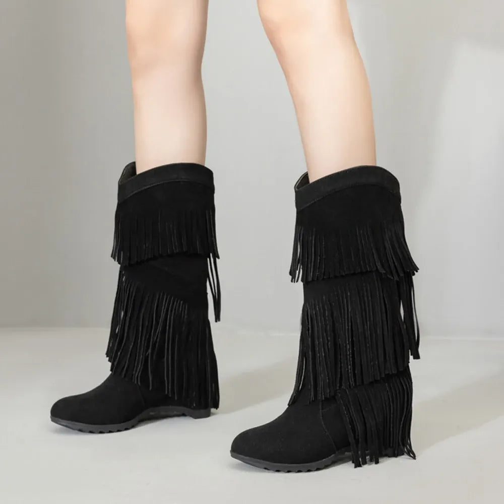 Amara Shoes Layered Fringe Mid Calf Boots (À Faire photos)