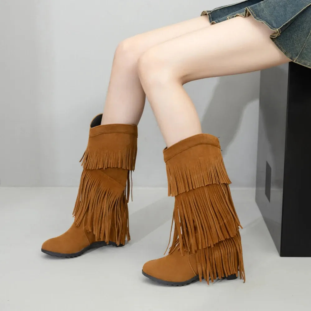 Amara Shoes Layered Fringe Mid Calf Boots (À Faire photos)
