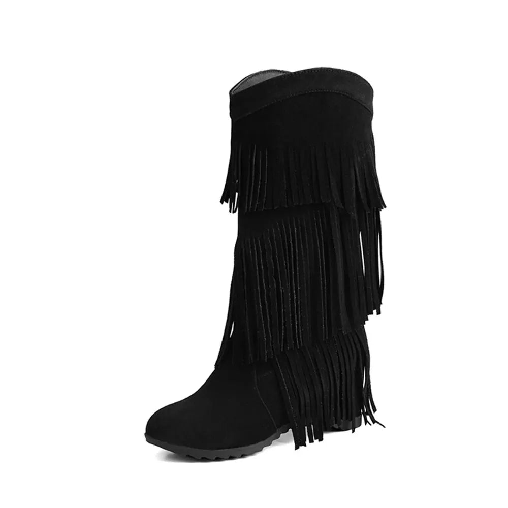 Amara Shoes Layered Fringe Mid Calf Boots (À Faire photos)