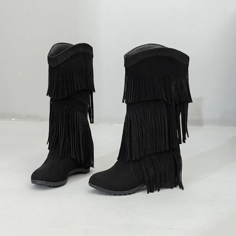 Amara Shoes Layered Fringe Mid Calf Boots (À Faire photos)
