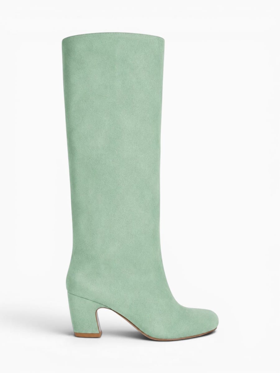 Amara Shoes Leopard Knee High Chunky Heel Square Toe Boots