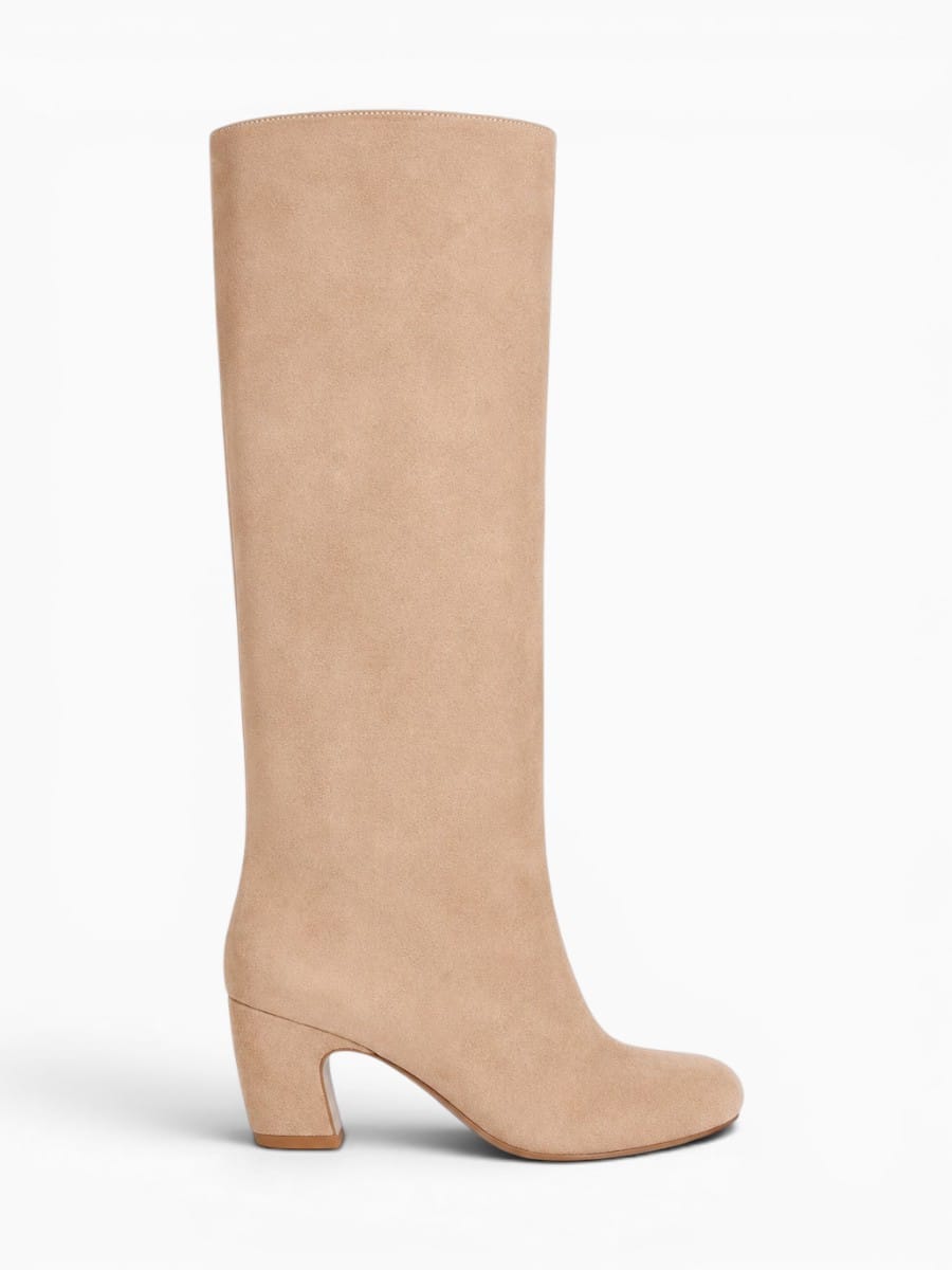Amara Shoes Leopard Knee High Chunky Heel Square Toe Boots