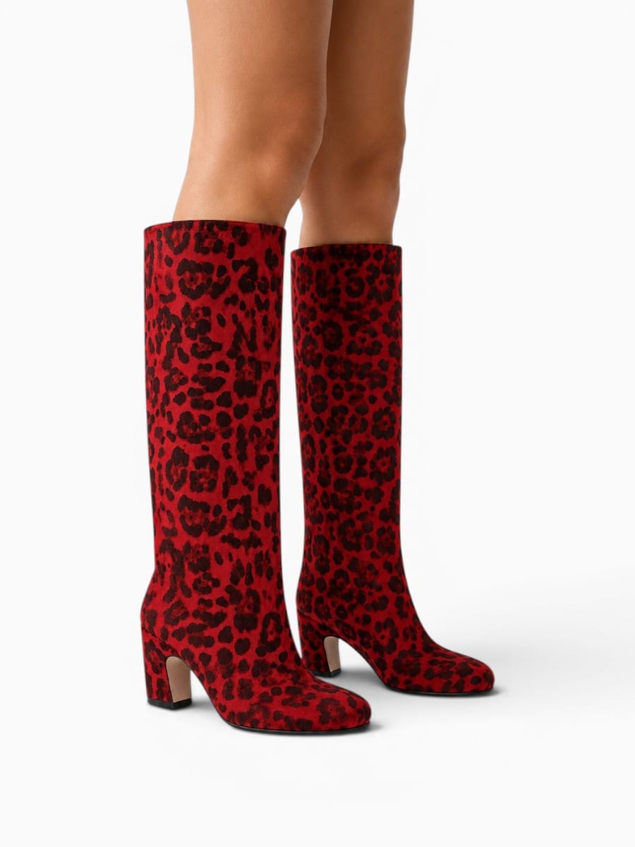 Amara Shoes Leopard Knee High Chunky Heel Square Toe Boots