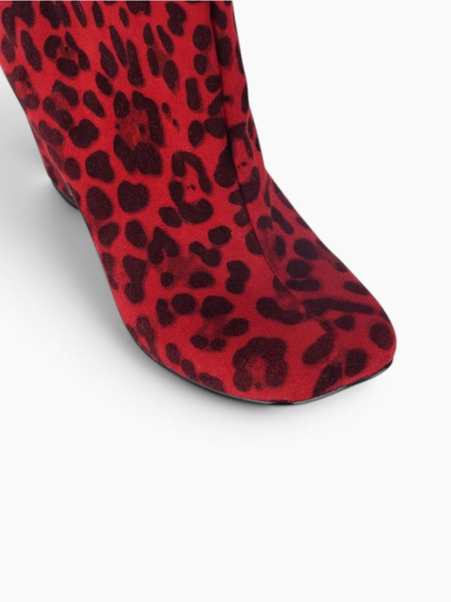 Amara Shoes Leopard Knee High Chunky Heel Square Toe Boots