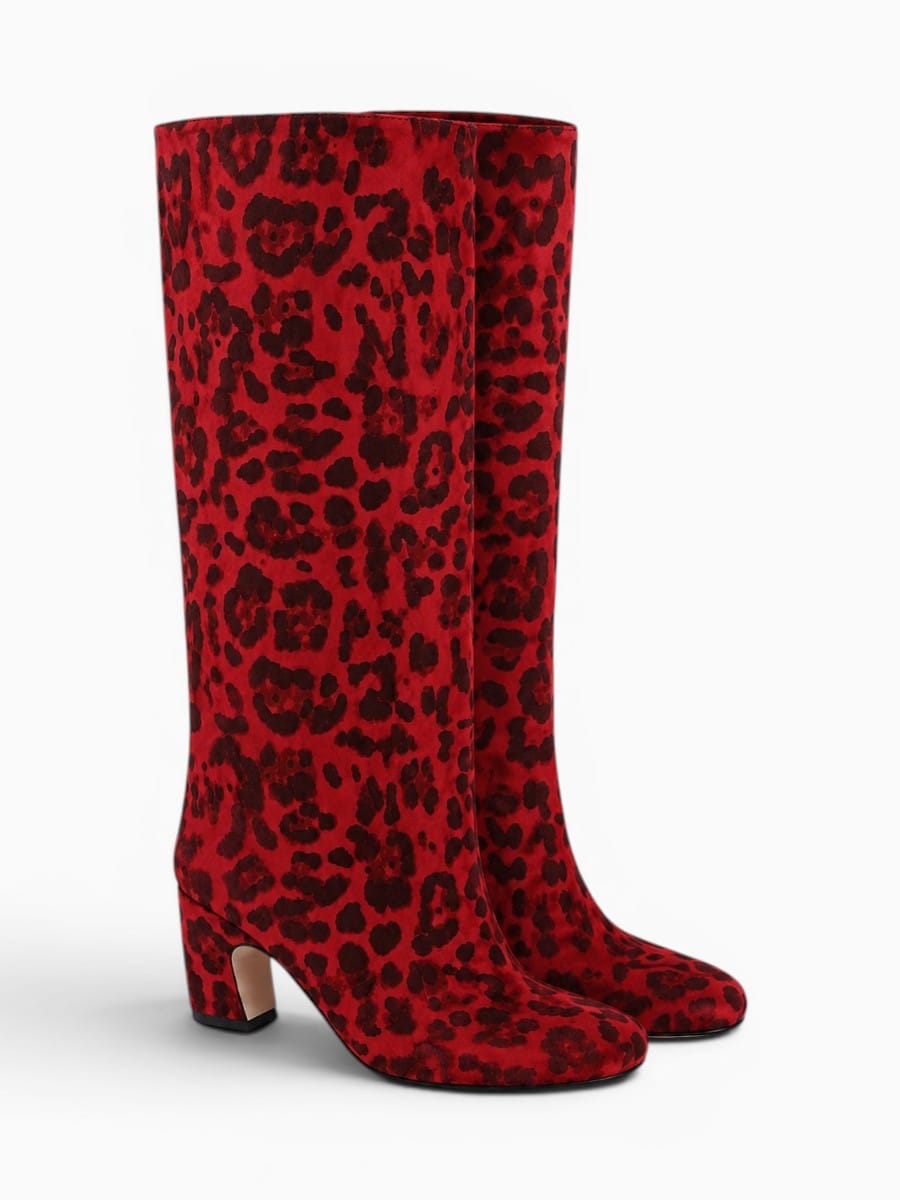 Amara Shoes Leopard Knee High Chunky Heel Square Toe Boots