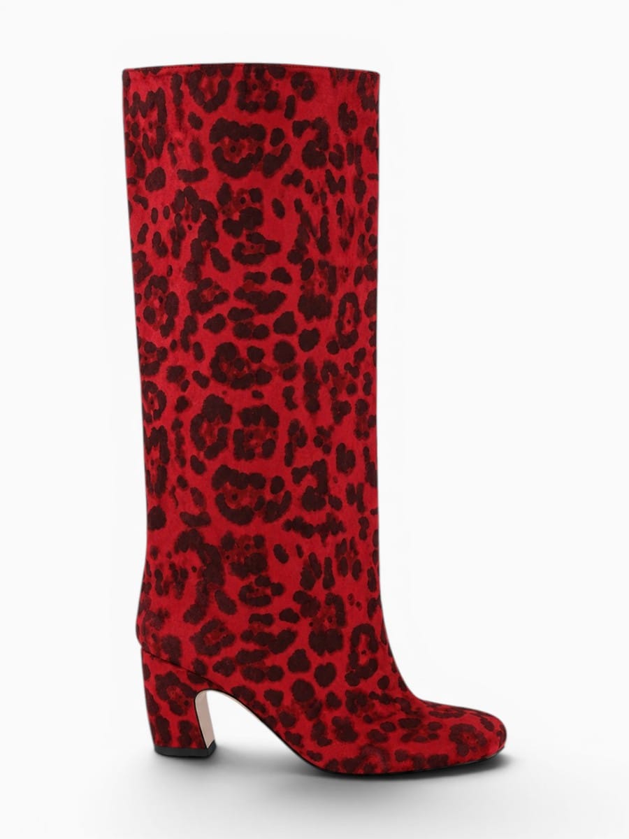 Amara Shoes Leopard Knee High Chunky Heel Square Toe Boots