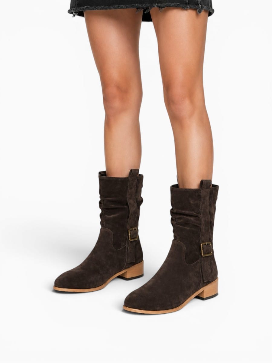 Amara Shoes Low Heel Ankle Boot Fold Belt Buckle Round Toe