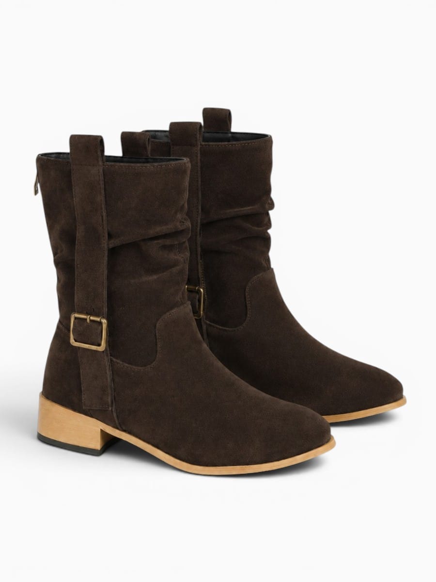 Amara Shoes Low Heel Ankle Boot Fold Belt Buckle Round Toe