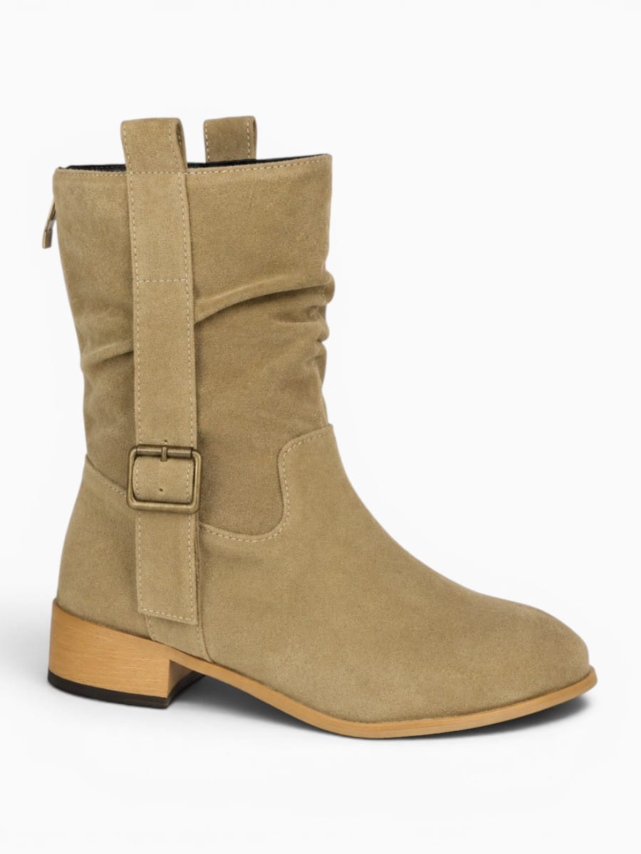 Amara Shoes Low Heel Ankle Boot Fold Belt Buckle Round Toe
