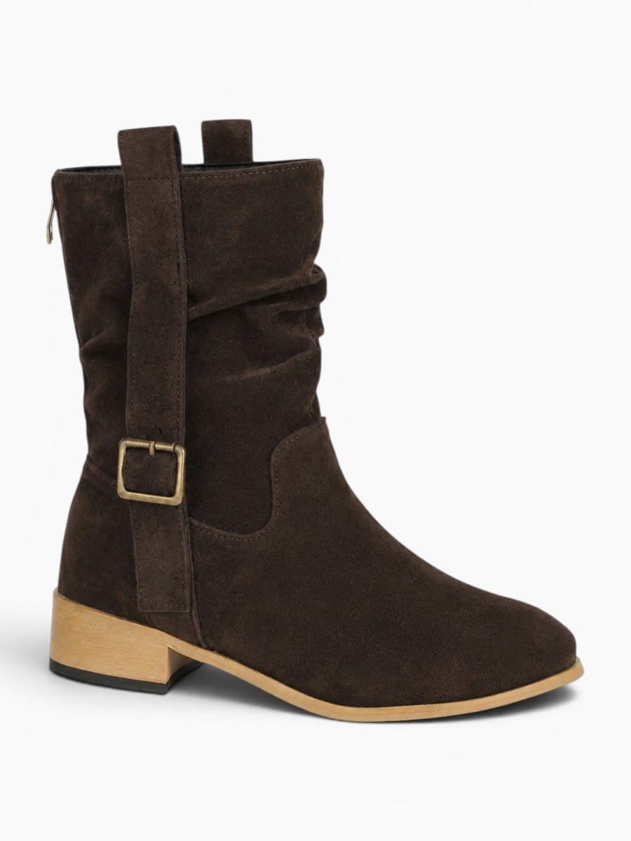 Amara Shoes Low Heel Ankle Boot Fold Belt Buckle Round Toe