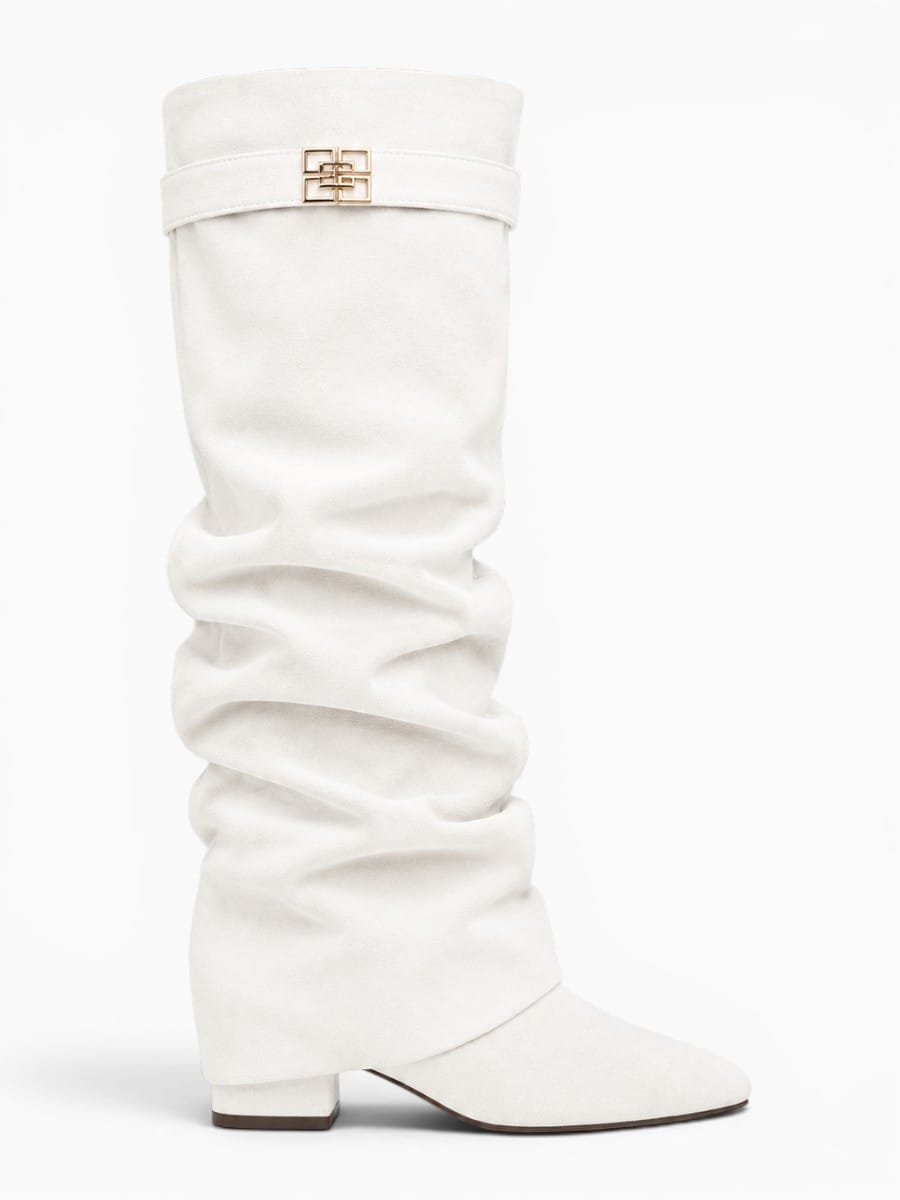 Amara Shoes Metal Buckle Mid Leg Knee High Boot Thick Heel