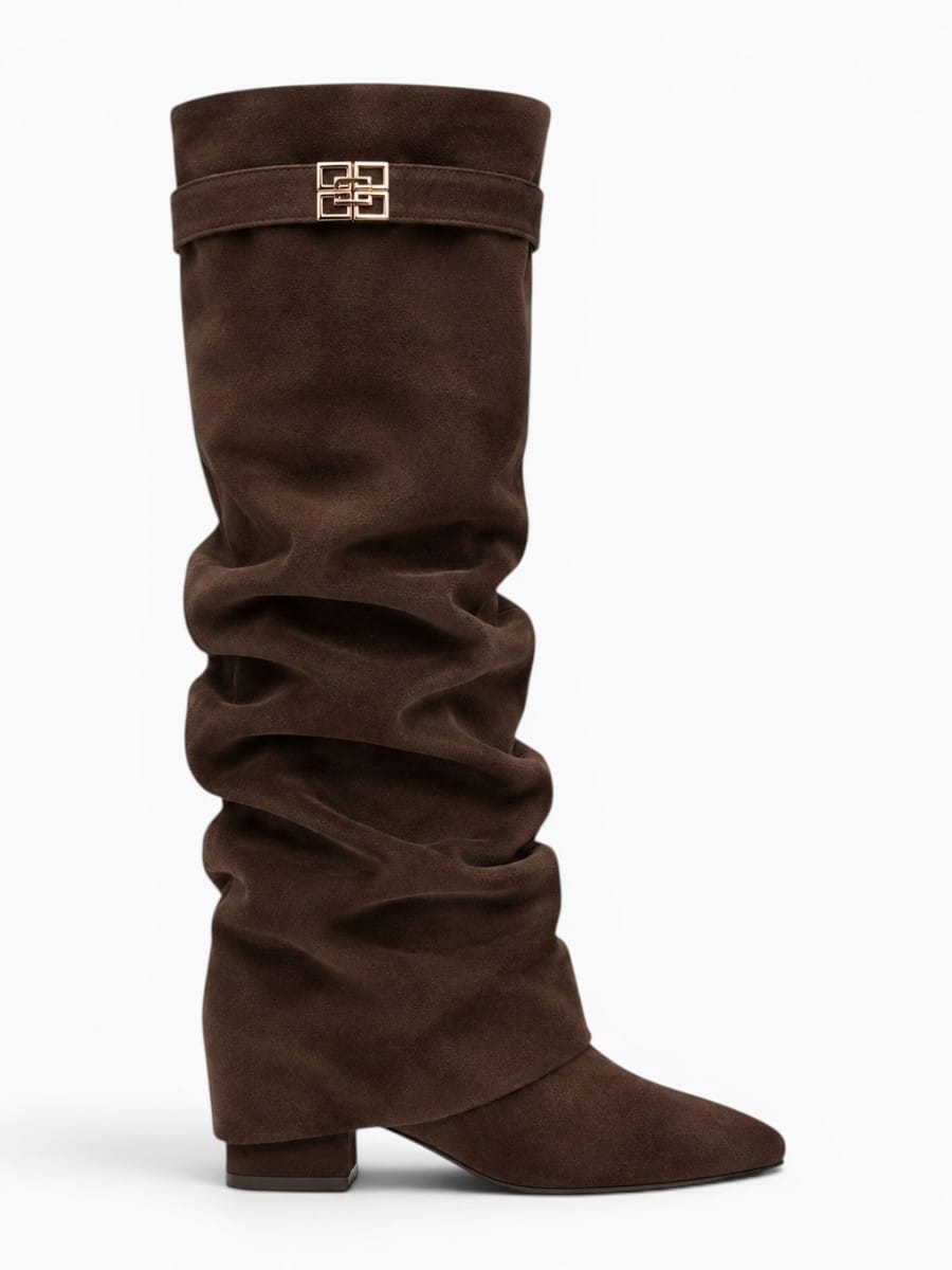 Amara Shoes Metal Buckle Mid Leg Knee High Boot Thick Heel