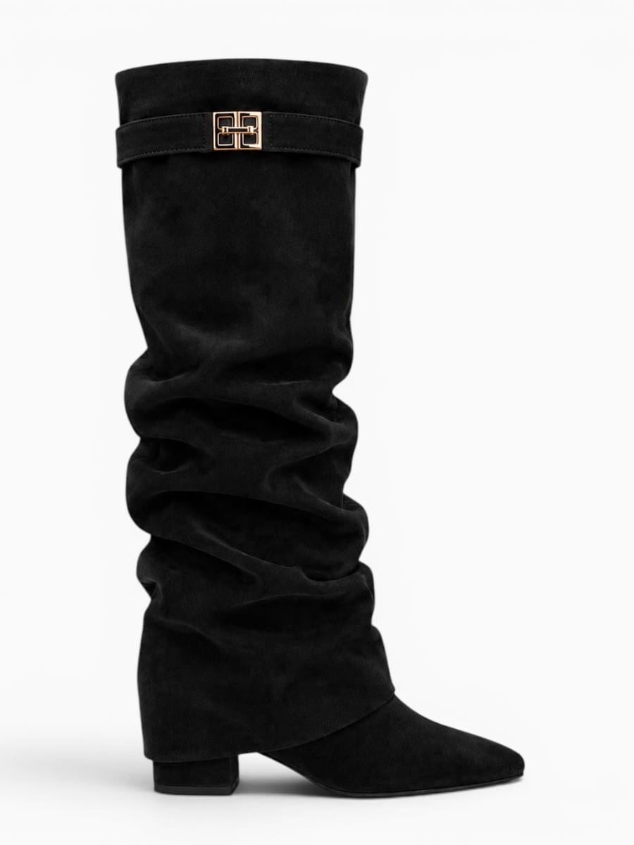 Amara Shoes Metal Buckle Mid Leg Knee High Boot Thick Heel