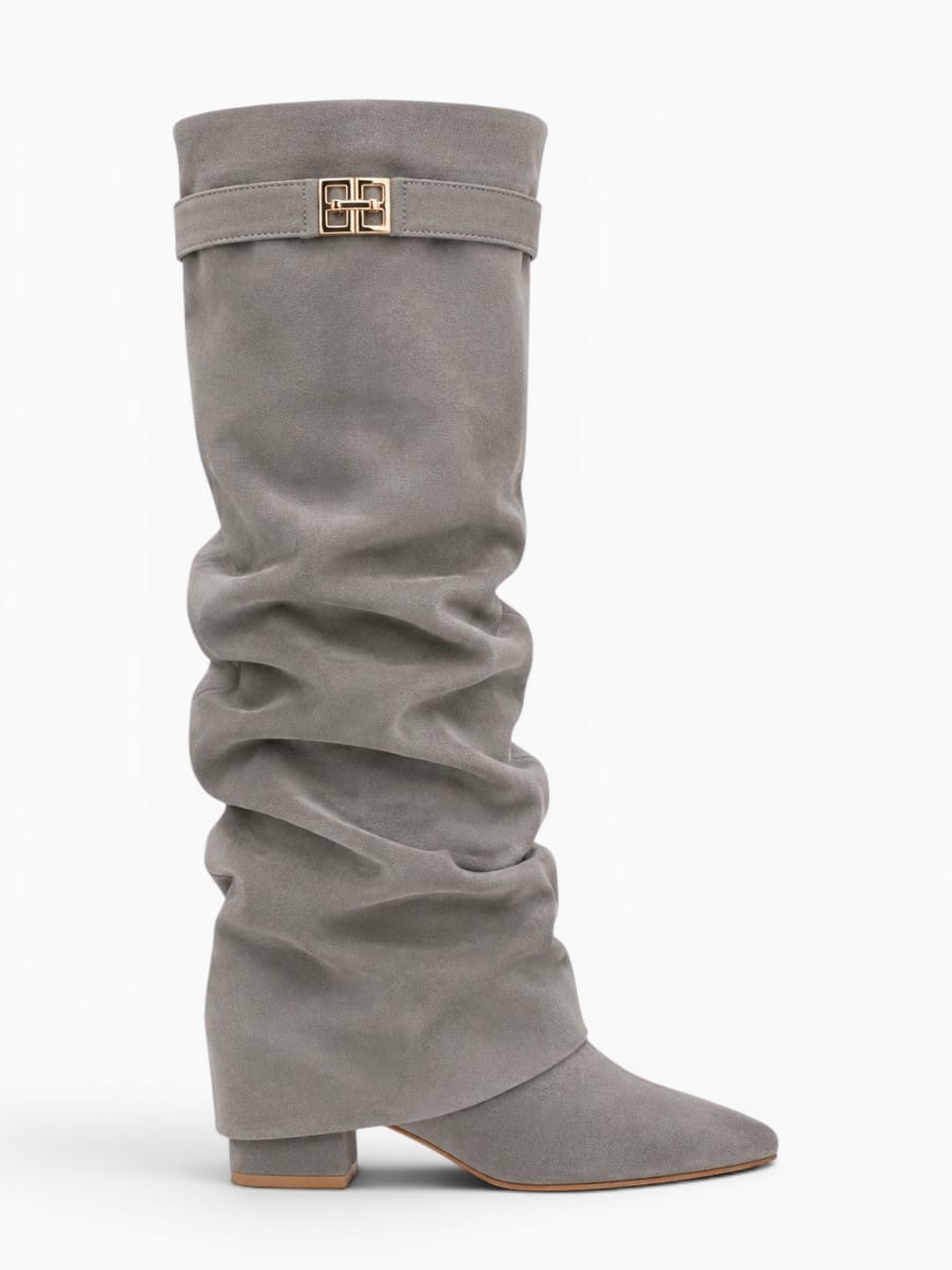 Amara Shoes Metal Buckle Mid Leg Knee High Boot Thick Heel