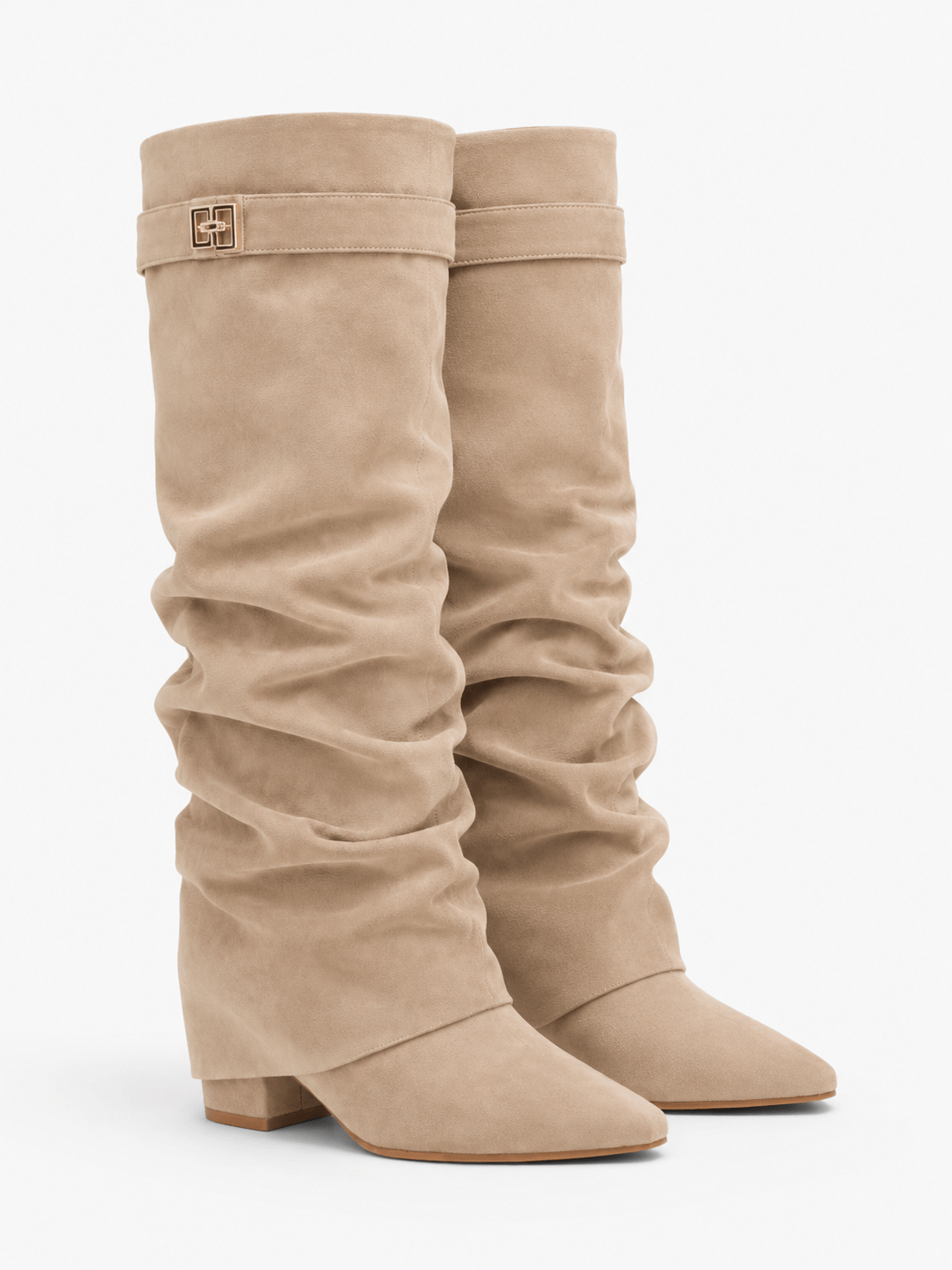 Amara Shoes Metal Buckle Mid Leg Knee High Boot Thick Heel