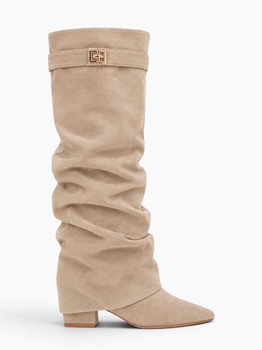 Amara Shoes Metal Buckle Mid Leg Knee High Boot Thick Heel