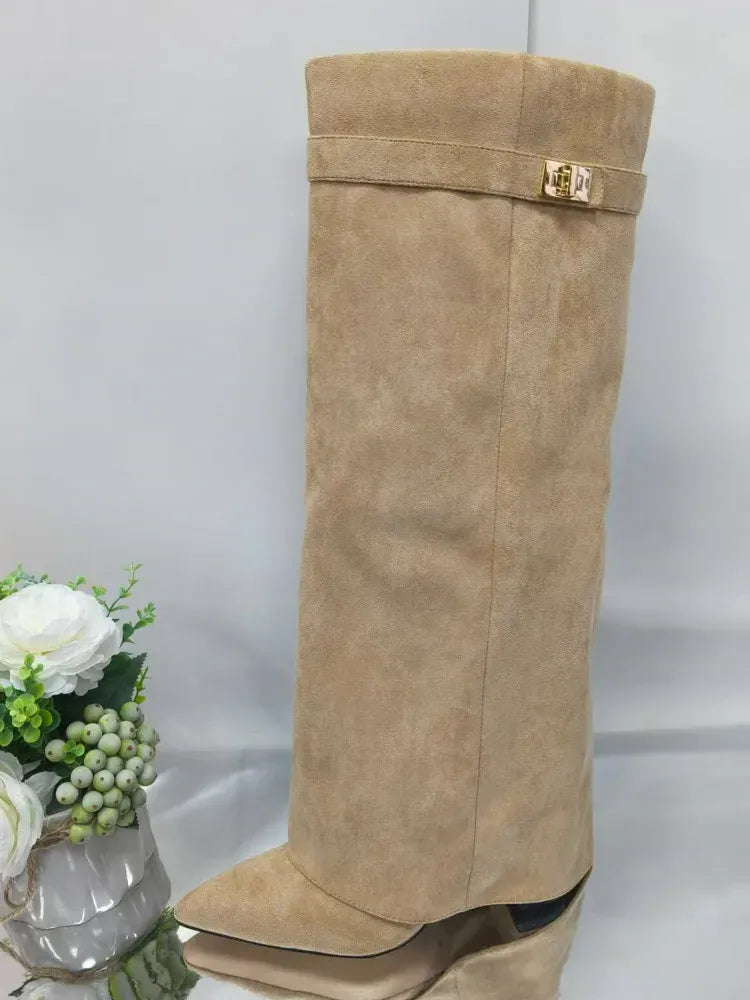 Amara Shoes Metal Buckle Mid Leg Knee High Boot Thick Heel (À Faire photos)