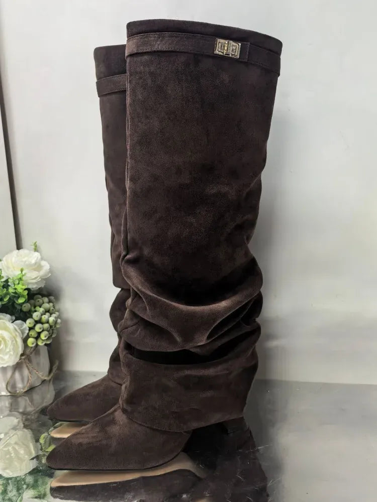 Amara Shoes Metal Buckle Mid Leg Knee High Boot Thick Heel (À Faire photos)