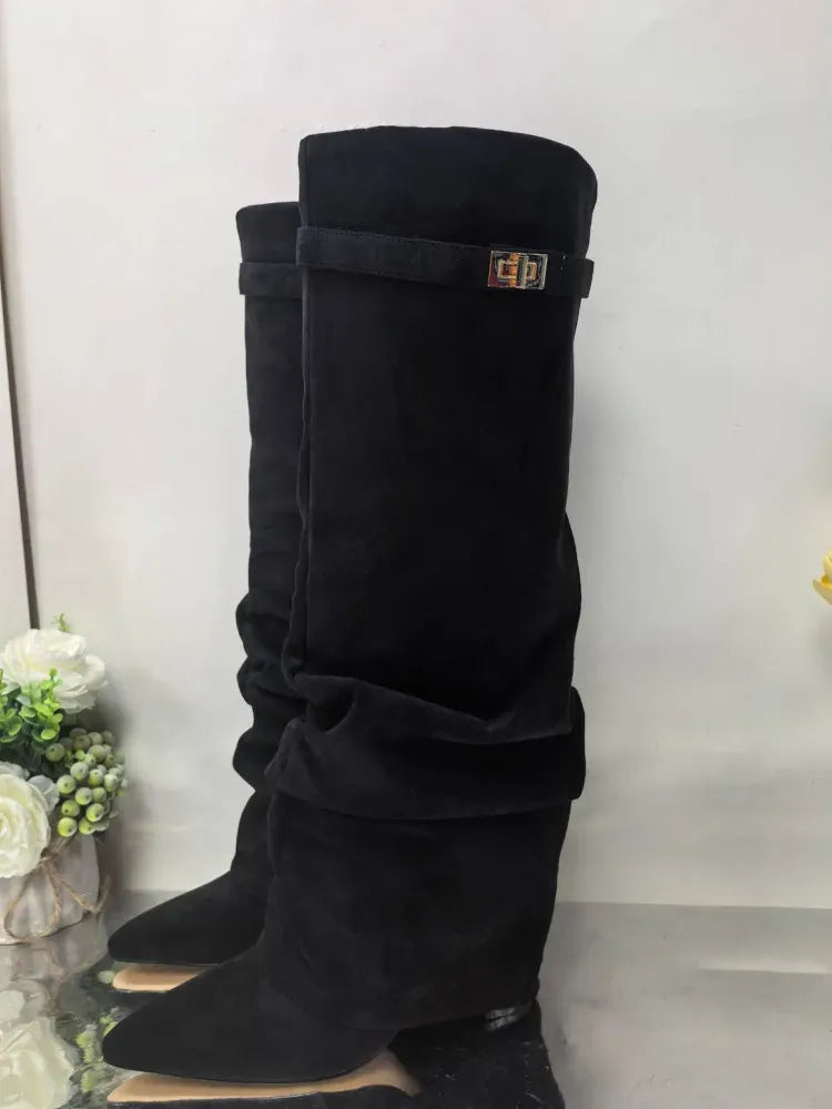 Amara Shoes Metal Buckle Mid Leg Knee High Boot Thick Heel (À Faire photos)