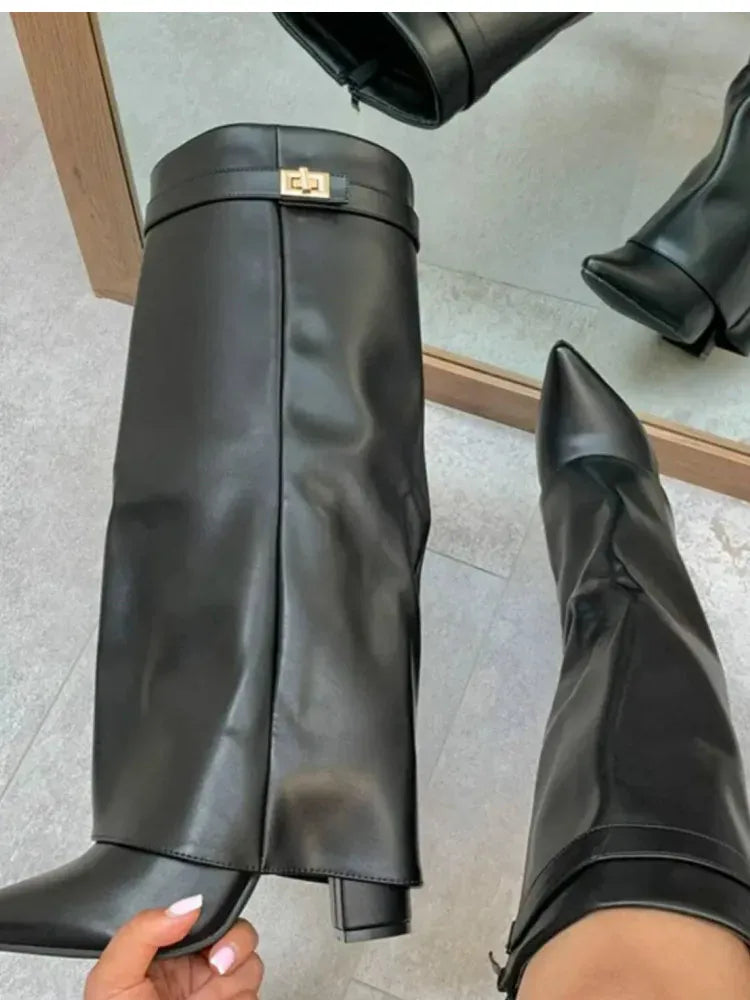 Amara Shoes Metal Buckle Mid Leg Knee High Boot Thick Heel (À Faire photos)