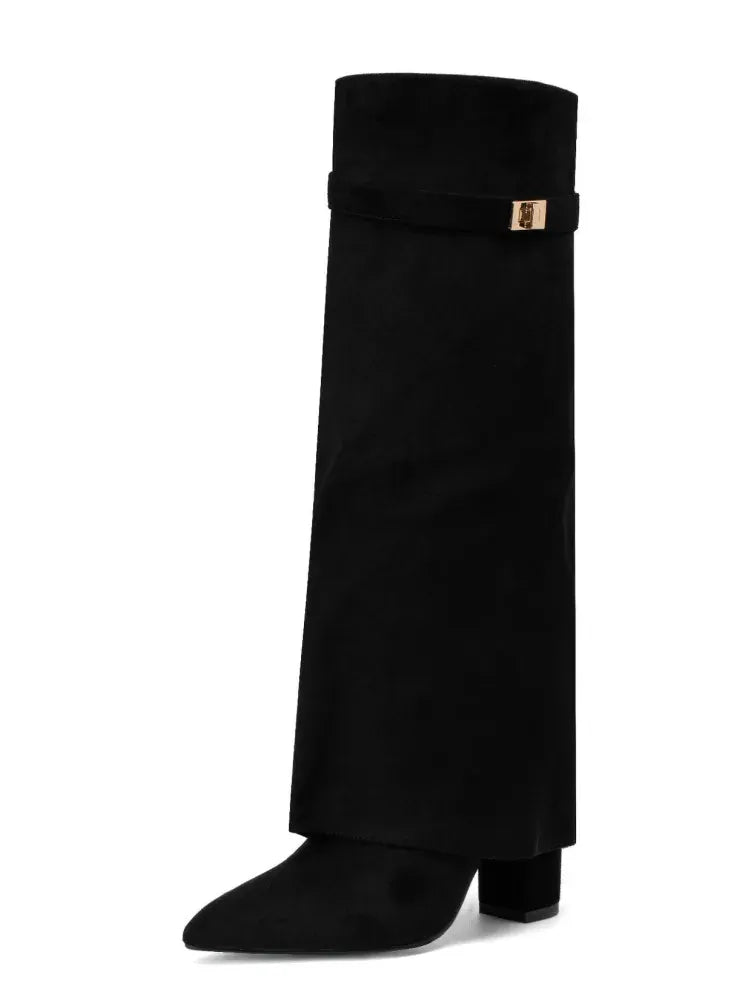 Amara Shoes Metal Buckle Mid Leg Knee High Boot Thick Heel (À Faire photos)