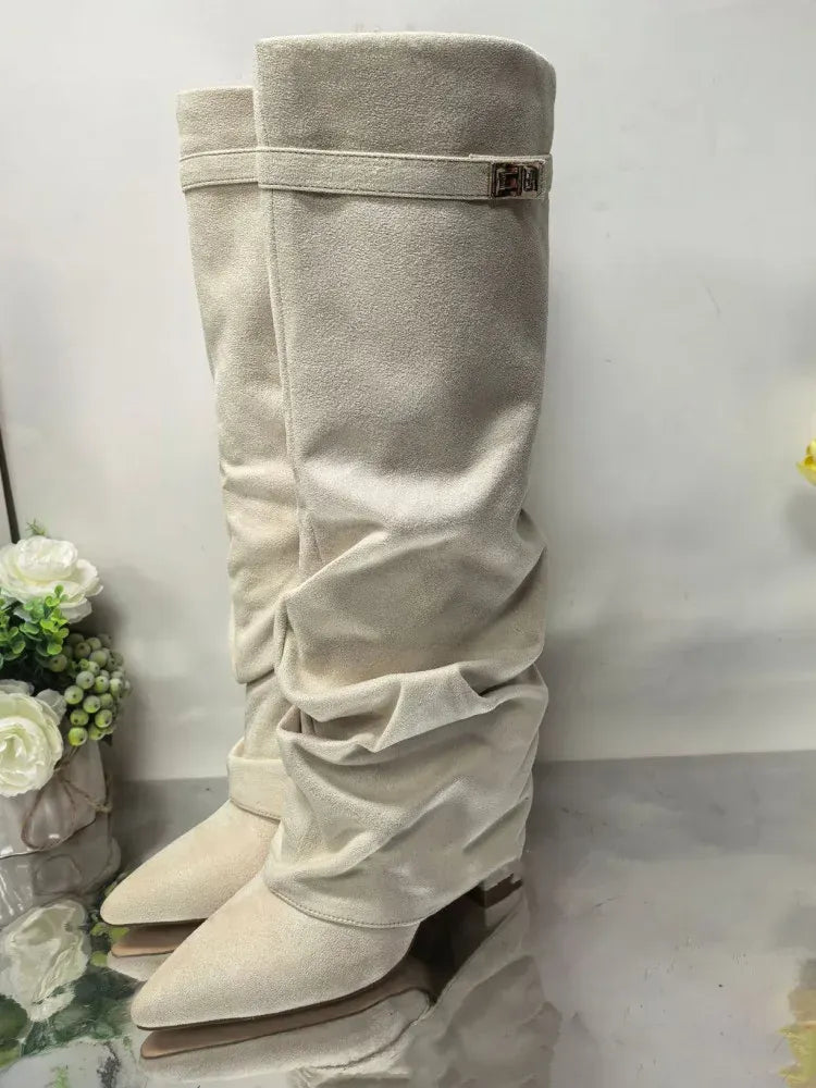 Amara Shoes Metal Buckle Mid Leg Knee High Boot Thick Heel (À Faire photos)
