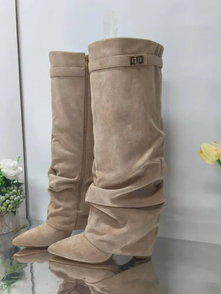 Amara Shoes Metal Buckle Mid Leg Knee High Boot Thick Heel (À Faire photos)