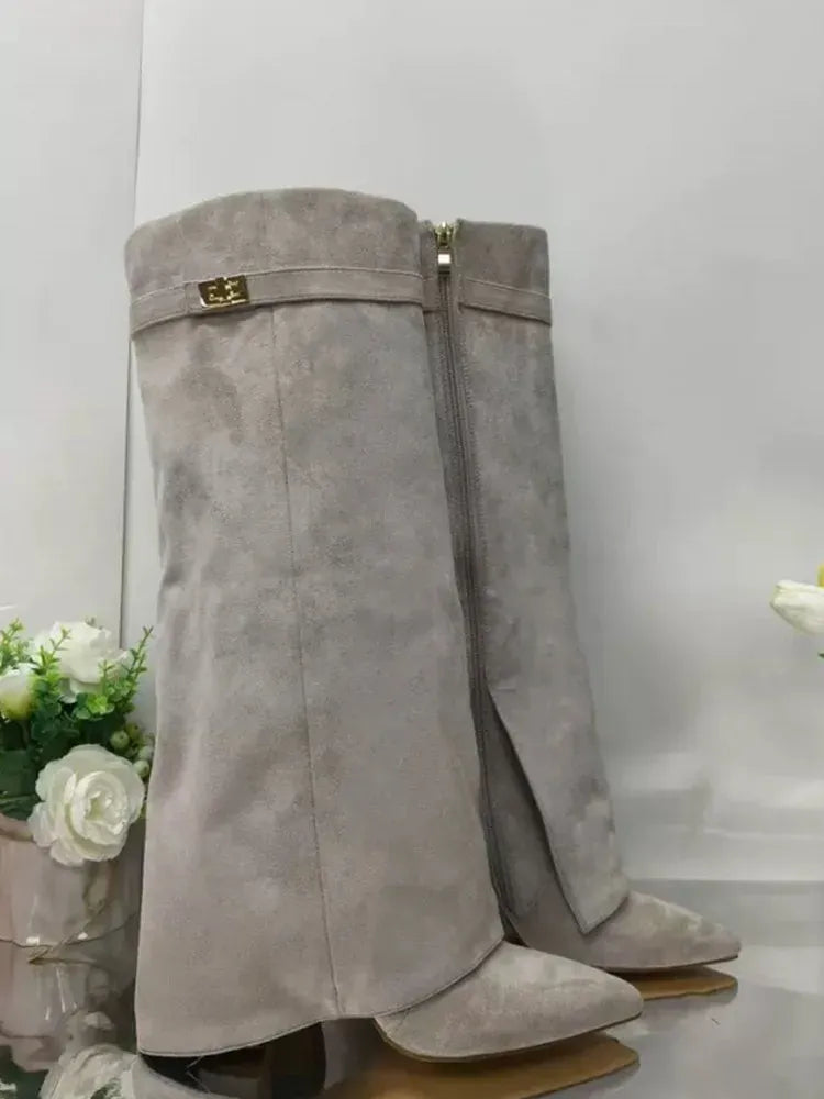 Amara Shoes Metal Buckle Mid Leg Knee High Boot Thick Heel (À Faire photos)