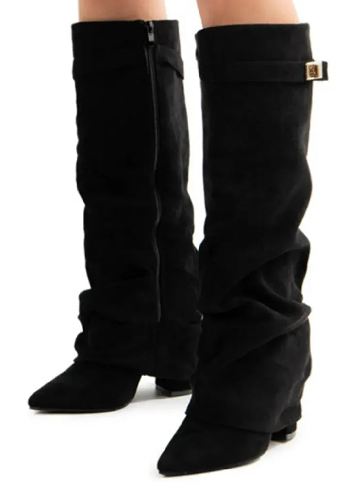 Amara Shoes Metal Buckle Mid Leg Knee High Boot Thick Heel (À Faire photos)