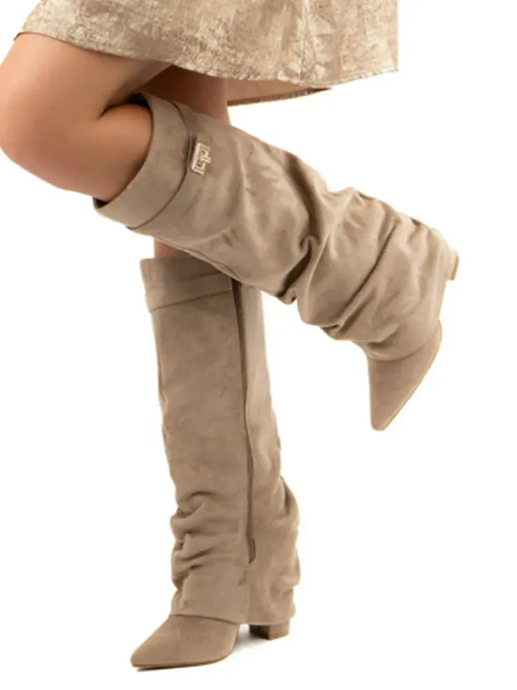 Amara Shoes Metal Buckle Mid Leg Knee High Boot Thick Heel (À Faire photos)