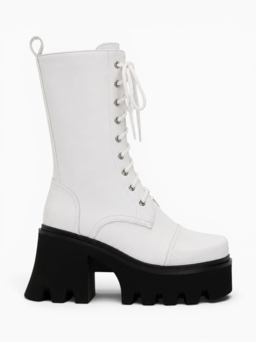 Amara Shoes Mid Calf Boot Square Toe Lace Up Inner Zip Platform